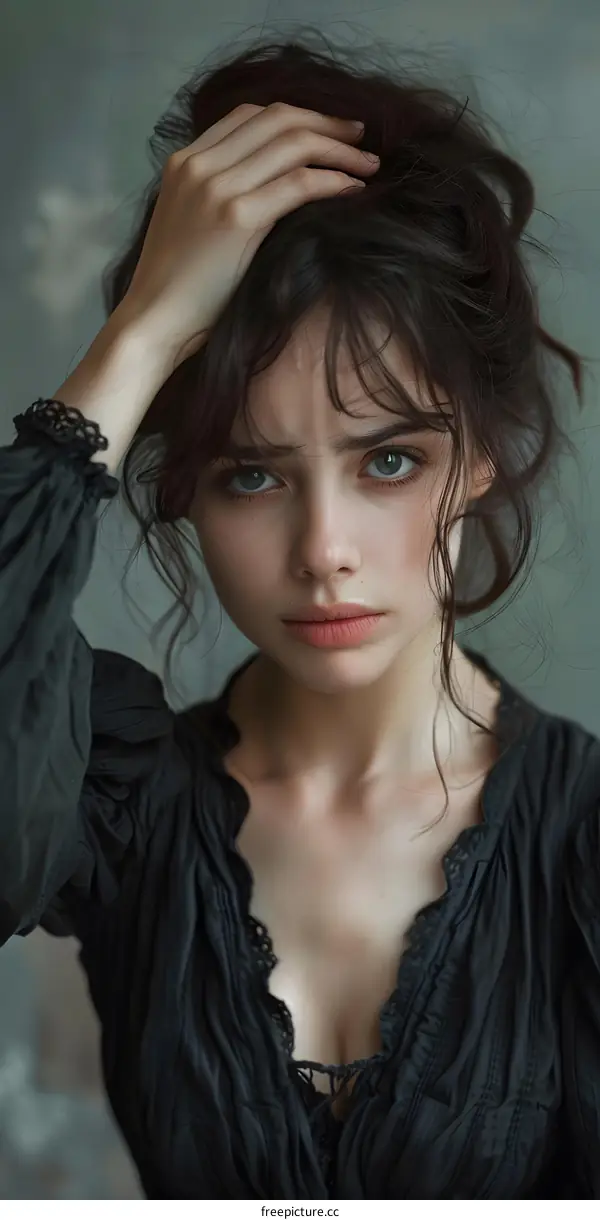 portrait of a beautiful woman with brown hair and green eyes wearing a black dress