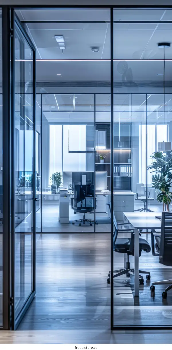 Modern office interior with glass walls and stylish furniture