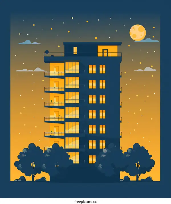 Nighttime Cityscape with Tall Building and Moon