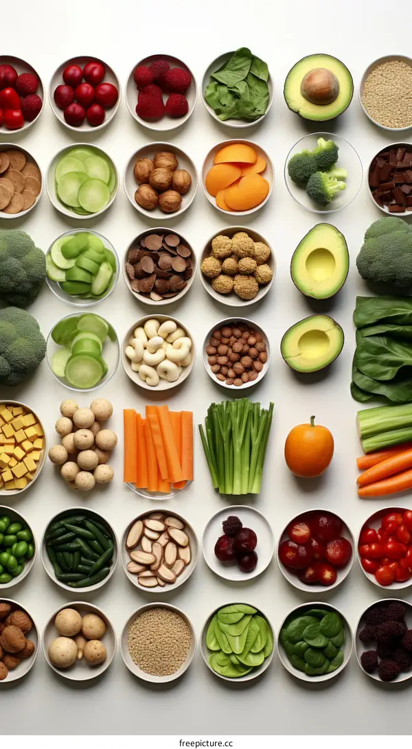 An assortment of healthy foods, including fruits, vegetables, and grains