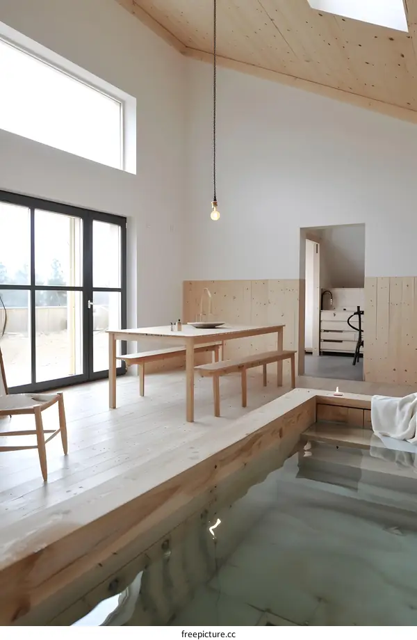 Modern Minimalist Wooden Cabin Interior With Hot Tub