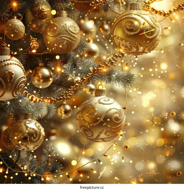 Golden Christmas ornaments hanging on a Christmas tree with a blurred background of lights.