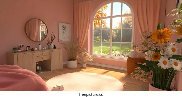 Pink Bedroom with Floral Decor and Large Window