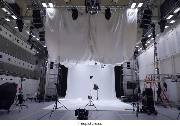 White Backdrop Studio Setup with Lights and Equipment