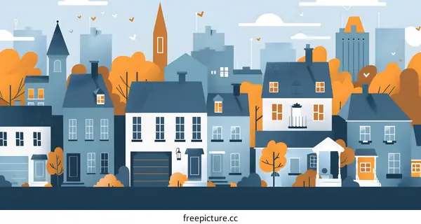 Illustrated Cityscape with Buildings and Trees