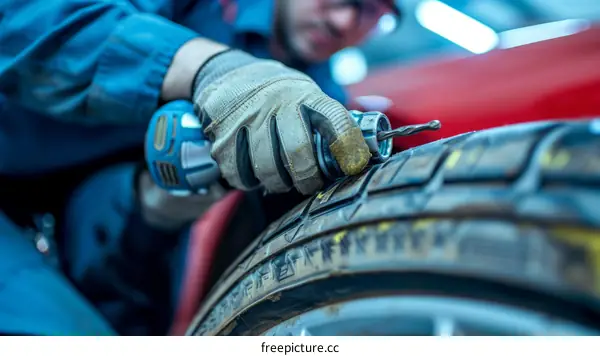 Close-up of a mechanic drilling a hole in a tire