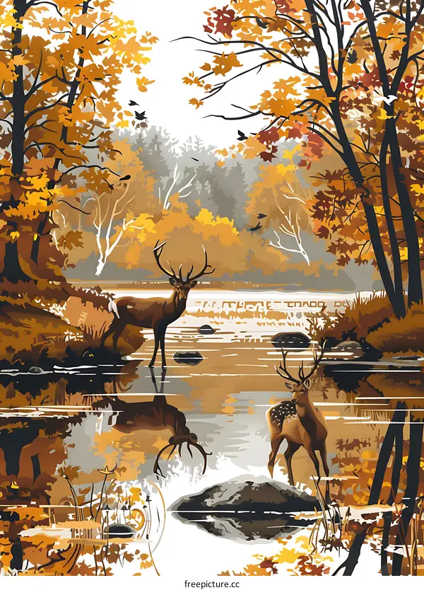 Autumn Forest Scene With Deer In Water