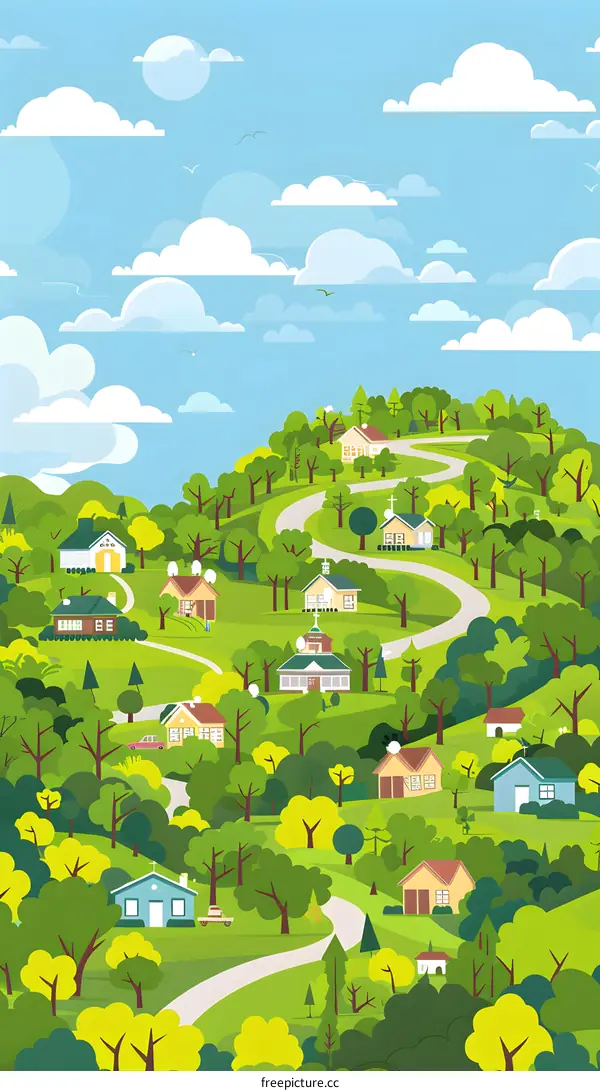 Green Hilltop Village with Winding Road
