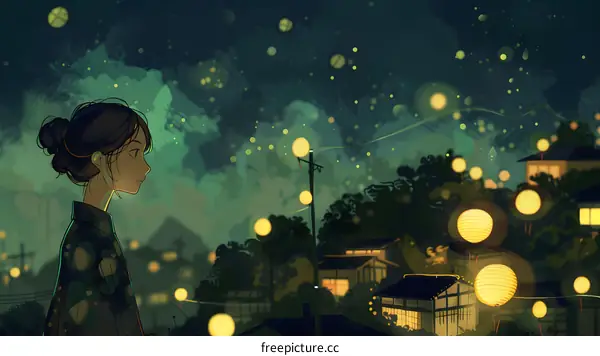 Girl in Kimono Looking at Lanterns in Night