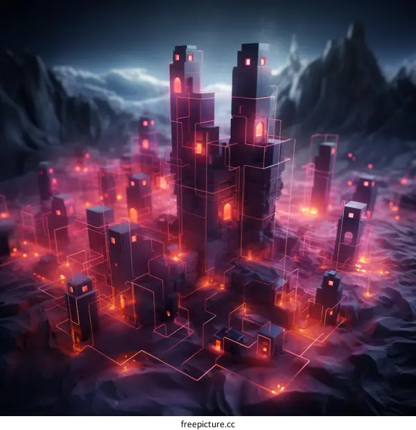 A Dark and Mysterious City Illuminated by Eerie Red Lights