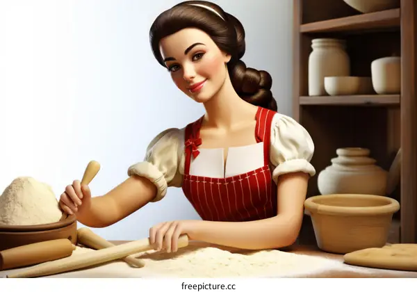 An illustration of a beautiful young woman in a red and white dress making bread in a kitchen.