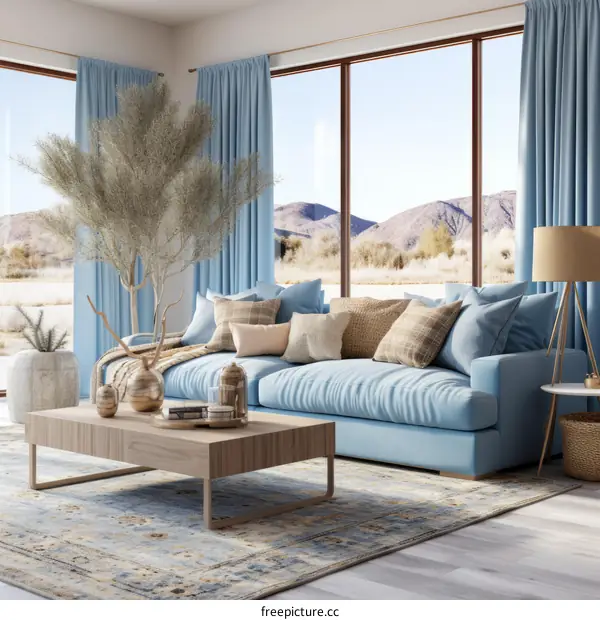 Blue living room interior with large windows and a desert landscape view