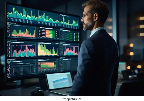 Businessman analyzing financial data on multiple computer screens.股票交易员在多台电脑屏幕上分析股票数据。