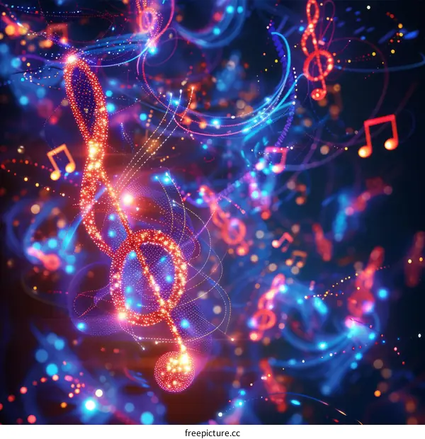 Glowing Red and Blue Music Notes