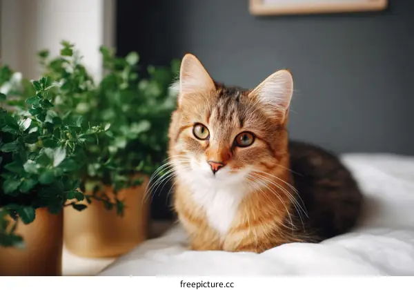 Adorable ginger tabby cat resting near plants