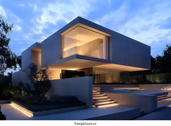 Modern Architecture Concrete House with  Landscaping and Lighting