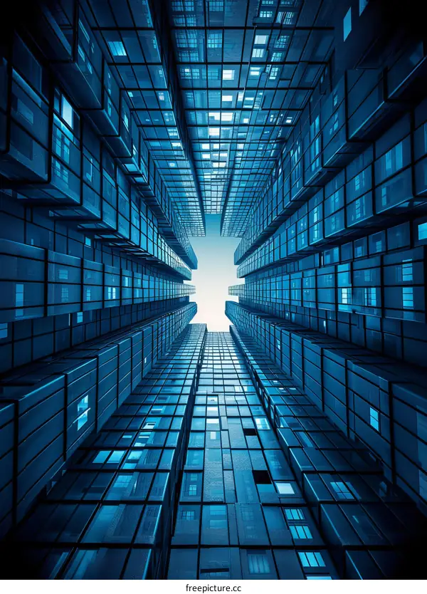 Blue skyscrapers reaching up to the sky