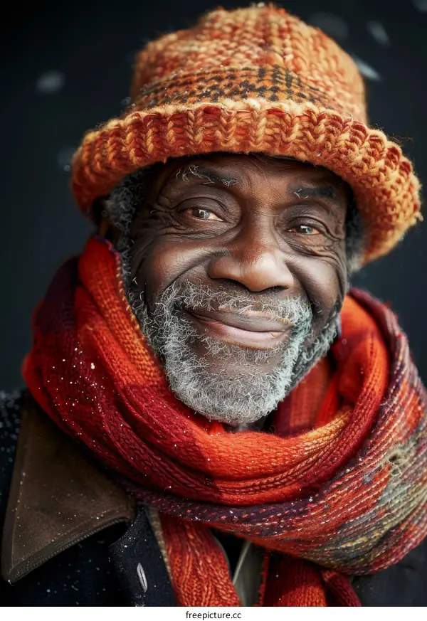 Portrait of an African American man wearing a knitted hat and scarf