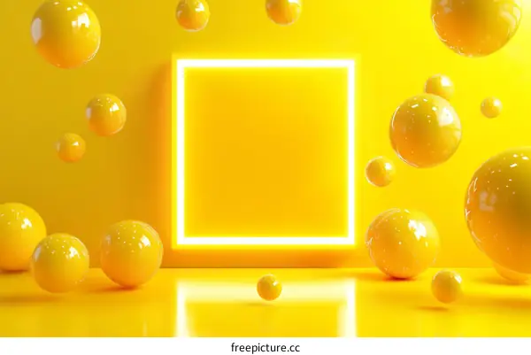 Abstract Yellow Geometric Background with Floating Spheres
