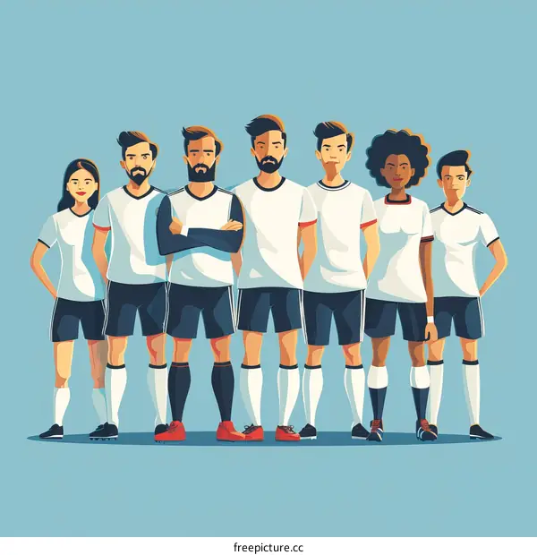 Diverse group of people wearing white jerseys and blue shorts