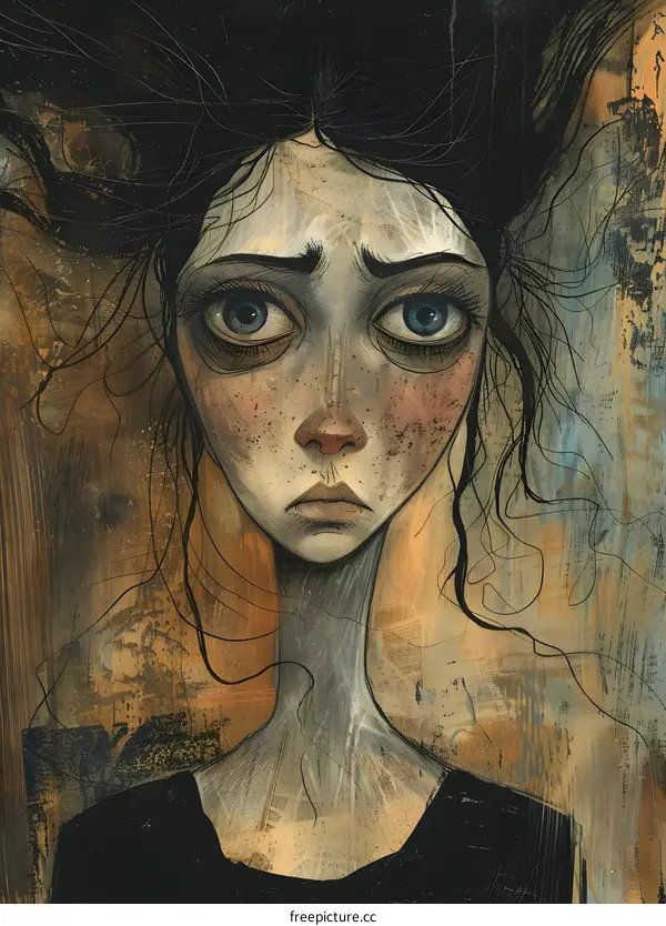 A girl with black hair and blue eyes looks sadly.