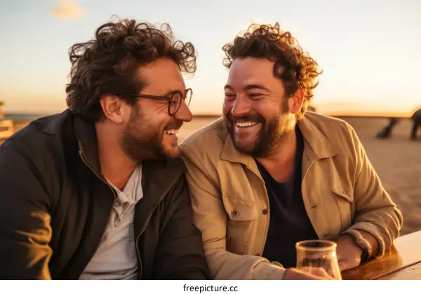 Two men laughing and drinking at a bar