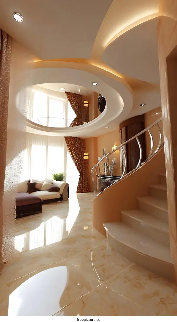 Modern Interior Design with Curved Ceiling and Staircase