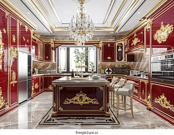 Luxury Red and Gold Kitchen Interior Design