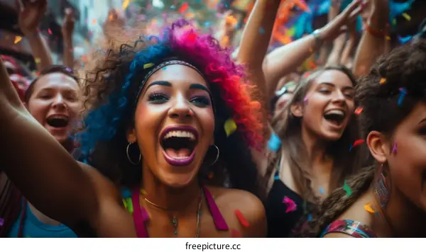 A group of diverse people are celebrating with colorful confetti falling over them