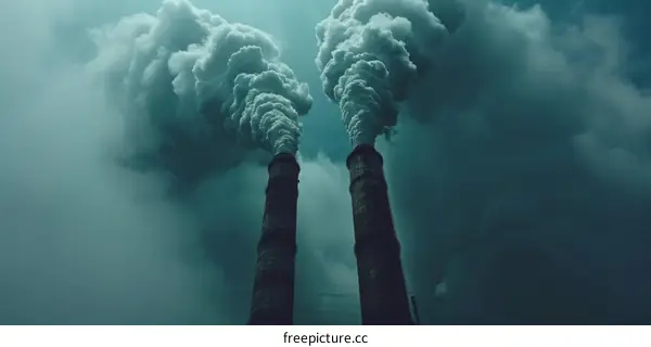 Two Factory Chimneys Emit Dark Smoke