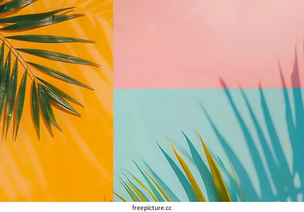 Tropical Palm Leaves Shadow On Colorful Background