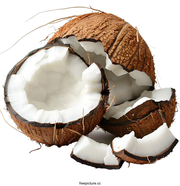 [Transparent Background PNG]Fresh cracked coconut on white background