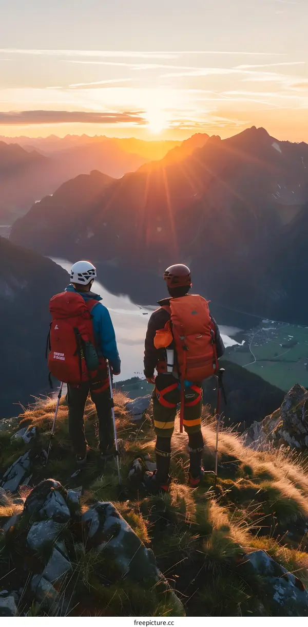 Two Hikers Enjoying Stunning Mountain Sunset