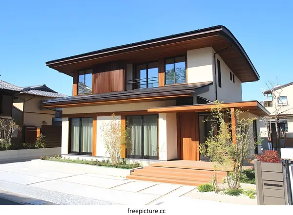 Modern Japanese Style Home with Wooden Exterior and Landscaped Garden