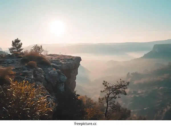 Mountain Cliffside View with Sunrise and Fog