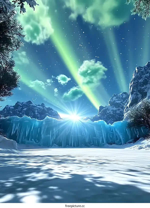 Aurora Borealis and Frozen Mountains Landscape