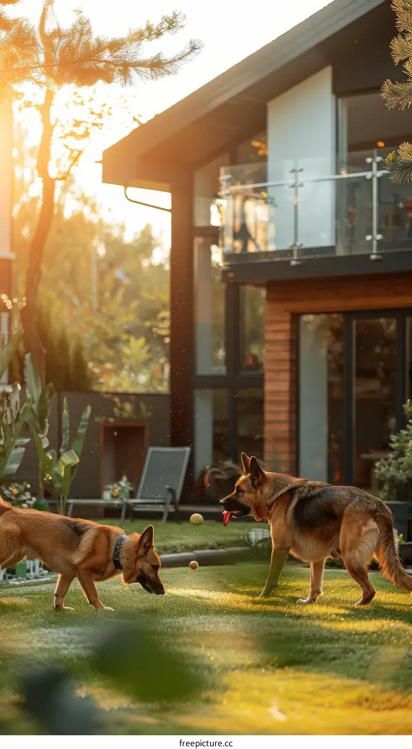 Two German Shepherds playing fetch in the backyard