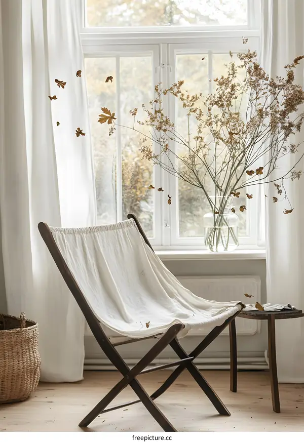 Wooden Folding Chair with White Fabric in Minimalist Interior Decor