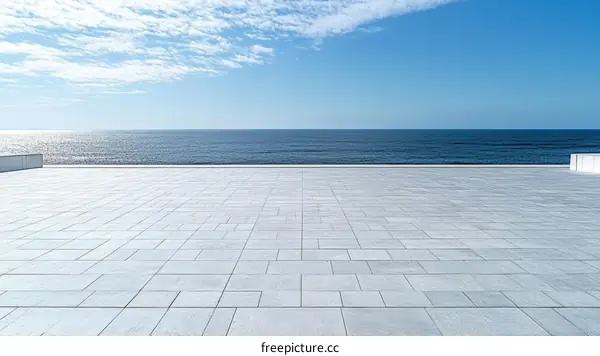Modern Seaside Patio with Clear Blue Sky