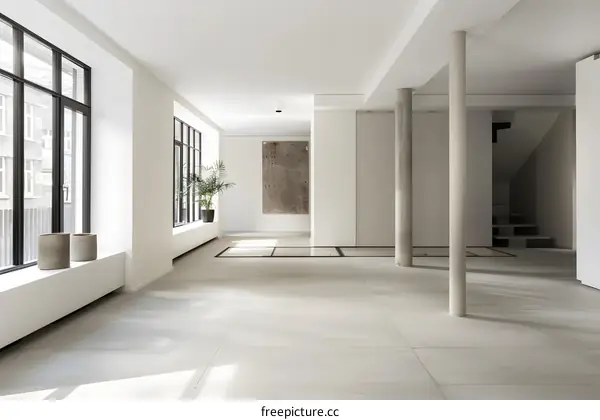 Modern Minimalist Open Floor Plan Apartment with Large Windows and Exposed Concrete Pillars