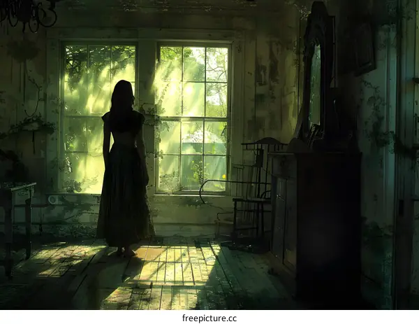A woman standing in a haunted house