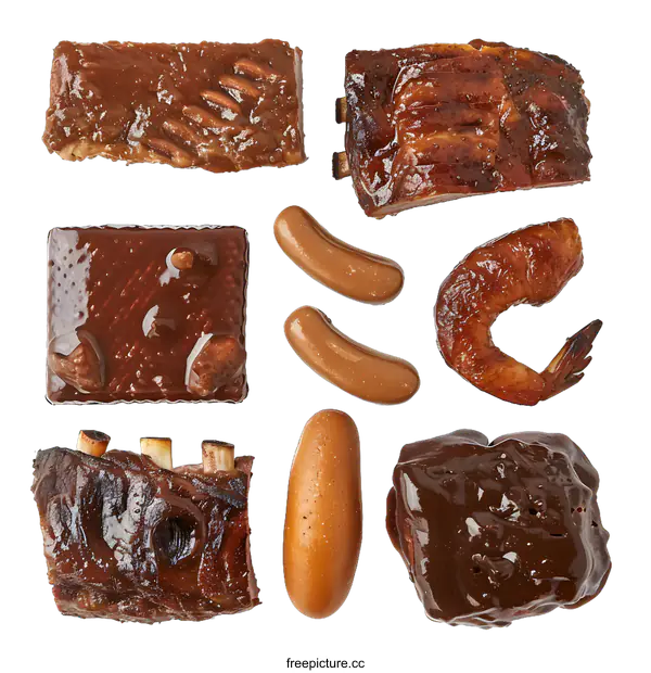 [Transparent Background PNG]BBQ Ribs, Sausage and Chocolate Dessert Arrangement