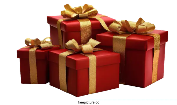 [Transparent Background PNG]Stacked Red Gift Boxes with Gold Ribbons
