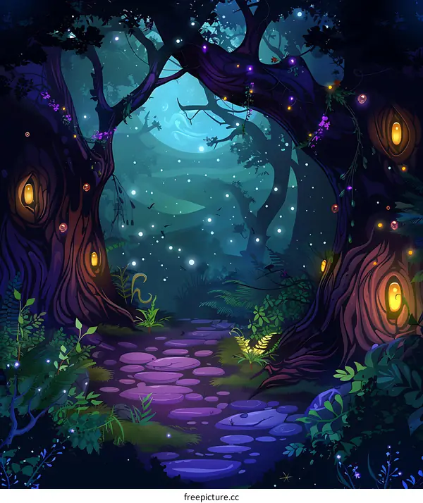 Magical Forest Path at Night with Glowing Trees and Moon
