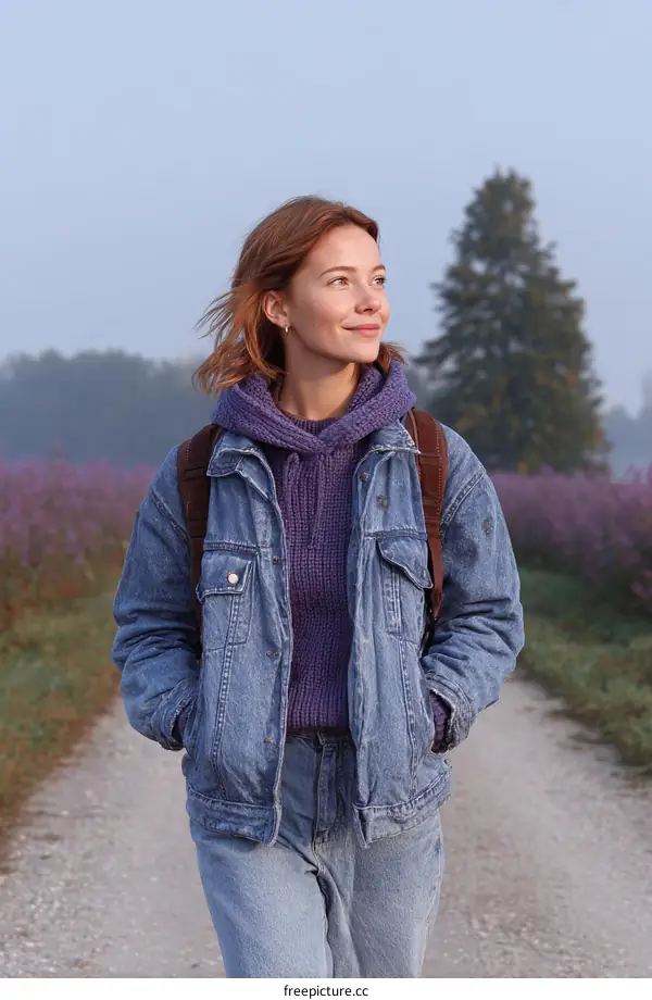 A woman walking along a path in a lavender field during early morning