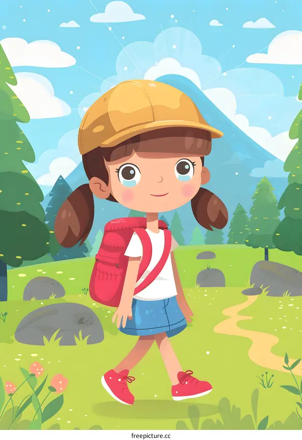 Girl With Backpack Walking In The Forest Illustration