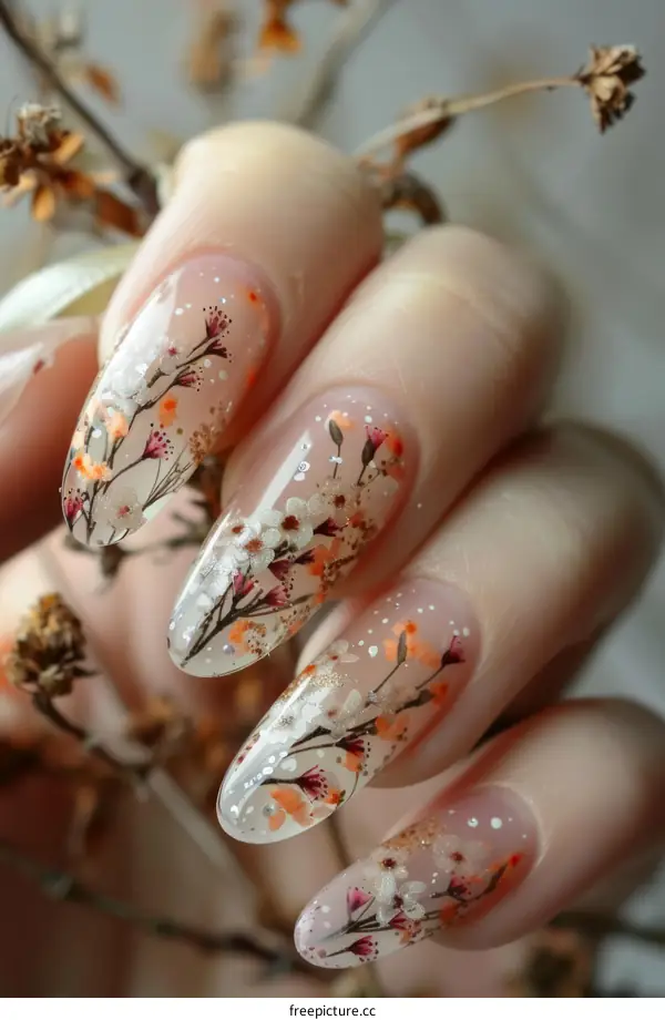 Elegant Clear Stiletto Nails with Dried Flower Accents