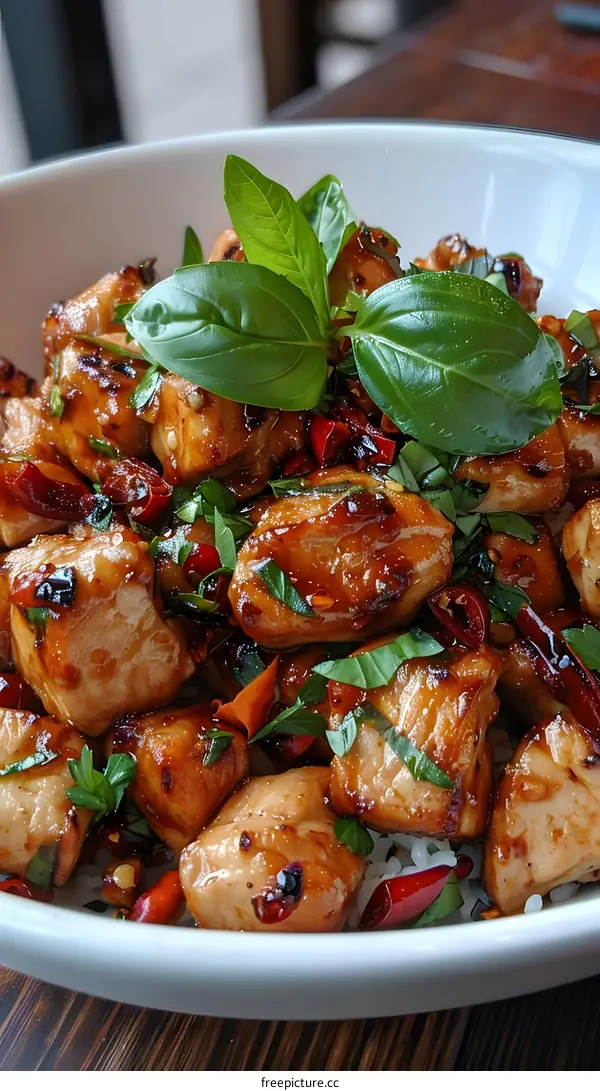 diced chicken with basil and chili peppers
