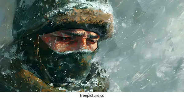 Portrait of a man in a fur hat and scarf against a snowy background