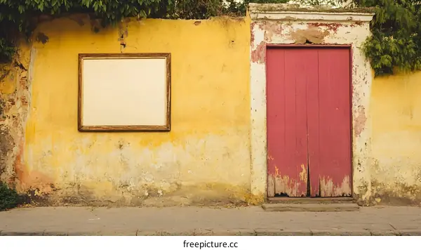 Vintage Red Door and Wooden Frame on Yellow Wall